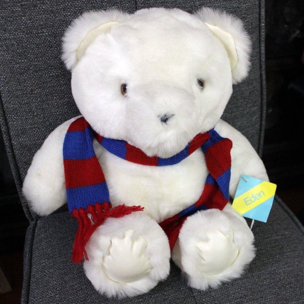 3/$88❤️vintage 1985 EDEN Deluxe Plush White Christmas Teddy Bear Red Blue Scarf